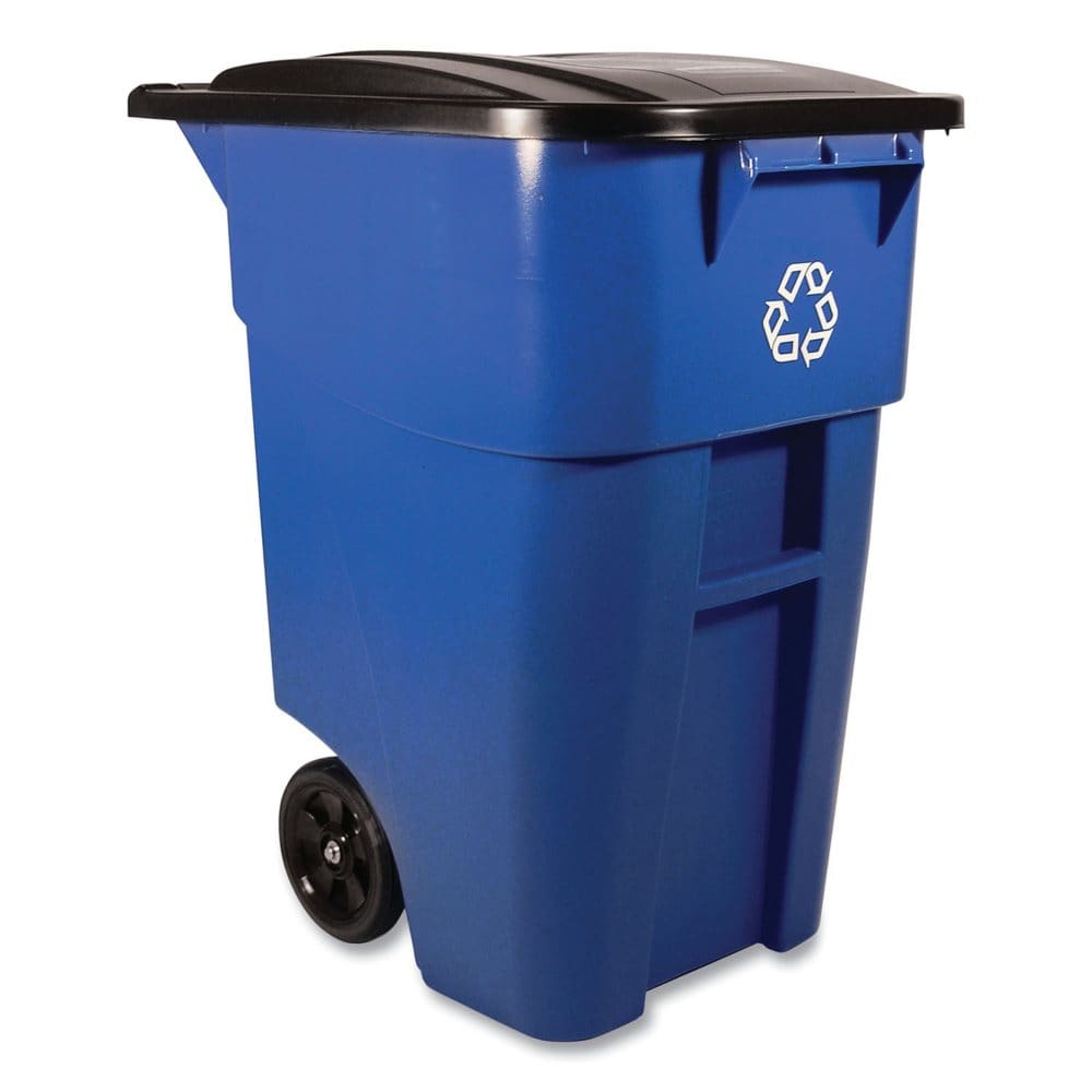 Rubbermaid Commercial BRUTE Recycling Rollout Trash Can with Hinged Lid Blue (50 gal.) - Cleaning Carts & Tools - Rubbermaid Commercial