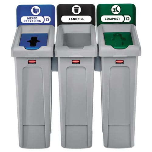 Rubbermaid Commercial Slim Jim Recycling Station Kit 3-stream Landfill/mixed Recycling 69 Gal Plastic Blue/gray/green - Janitorial &