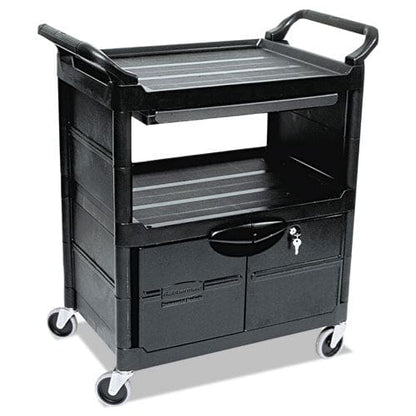 Rubbermaid Commercial Utility Cart With Locking Doors Plastic 3 Shelves 200 Lb Capacity 33.63 X 18.63 X 37.75 Black - Janitorial &