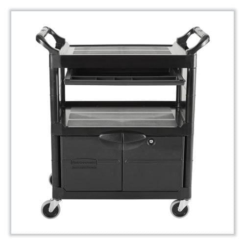 Rubbermaid Commercial Utility Cart With Locking Doors Plastic 3 Shelves 200 Lb Capacity 33.63 X 18.63 X 37.75 Black - Janitorial &