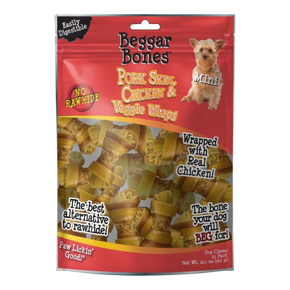 Savory Prime Beggar Bones Pork Skin; Chicken and Veggie Wraps Dog Treats 13.1 oz 21 Pack - Pet Supplies - Savory