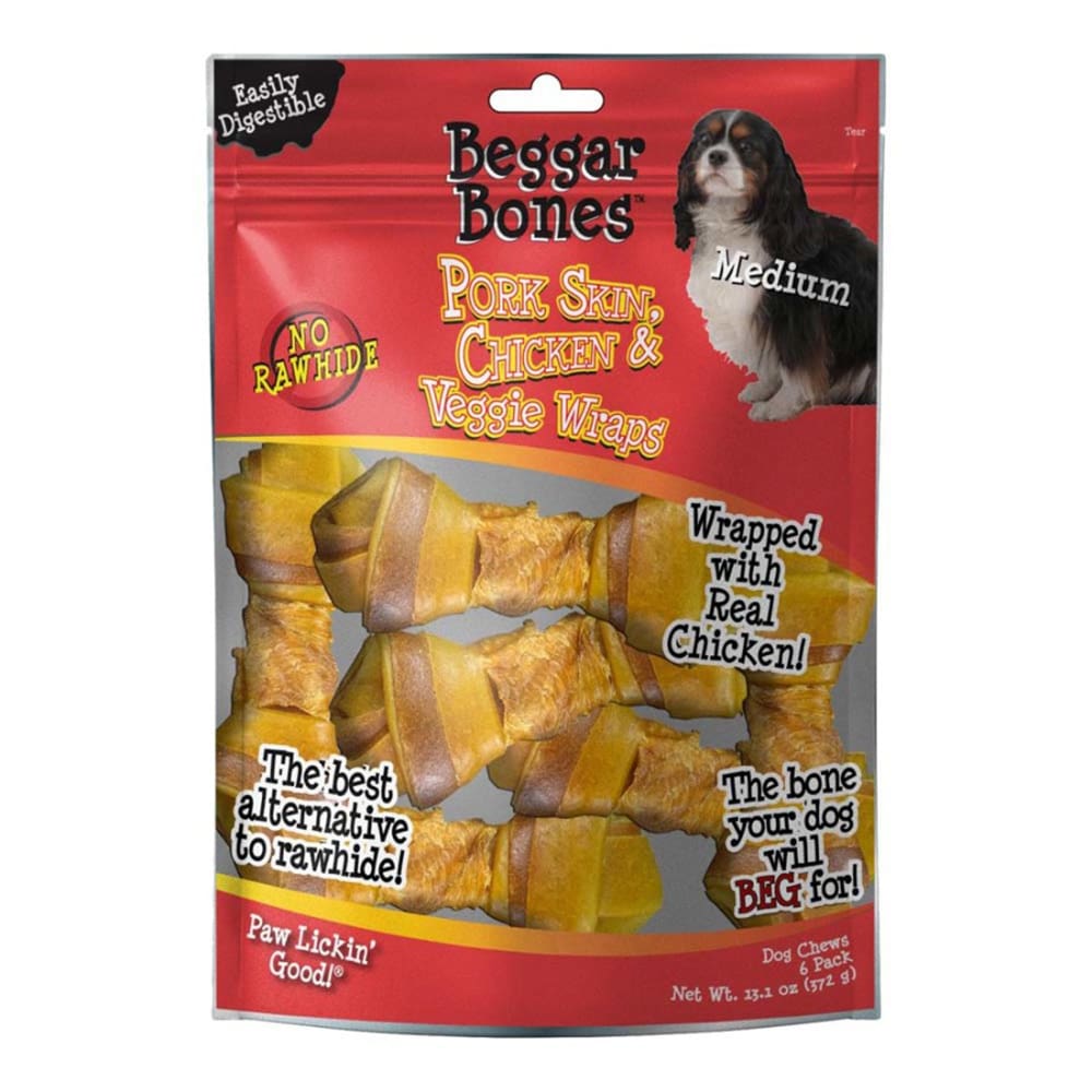 Savory Prime Beggar Bones Pork Skin; Chicken and Veggie Wraps Dog Treats 13.1 oz 6 Pack - Pet Supplies - Savory