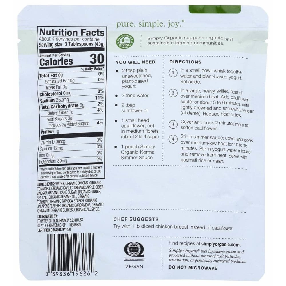 SIMPLY ORGANIC Grocery > Meal Ingredients > Sauces SIMPLY ORGANIC: Korma Simmer Sauce, 6 oz