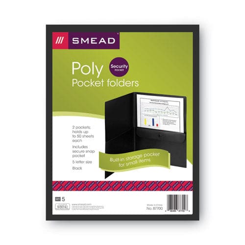 Smead Poly Two-pocket Folder With Snap Closure Security Pocket 100-sheet Capacity 11 X 8.5 Black 5/pack - School Supplies - Smead™