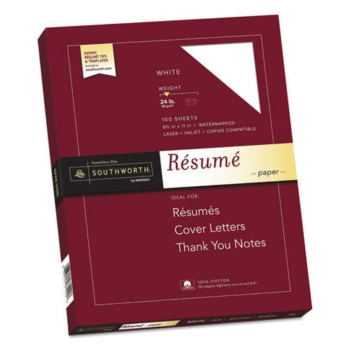 Southworth 100% Cotton Resume Paper 95 Bright 24 Lb Bond Weight 8.5 X 11 White 100/pack - Office - Southworth®