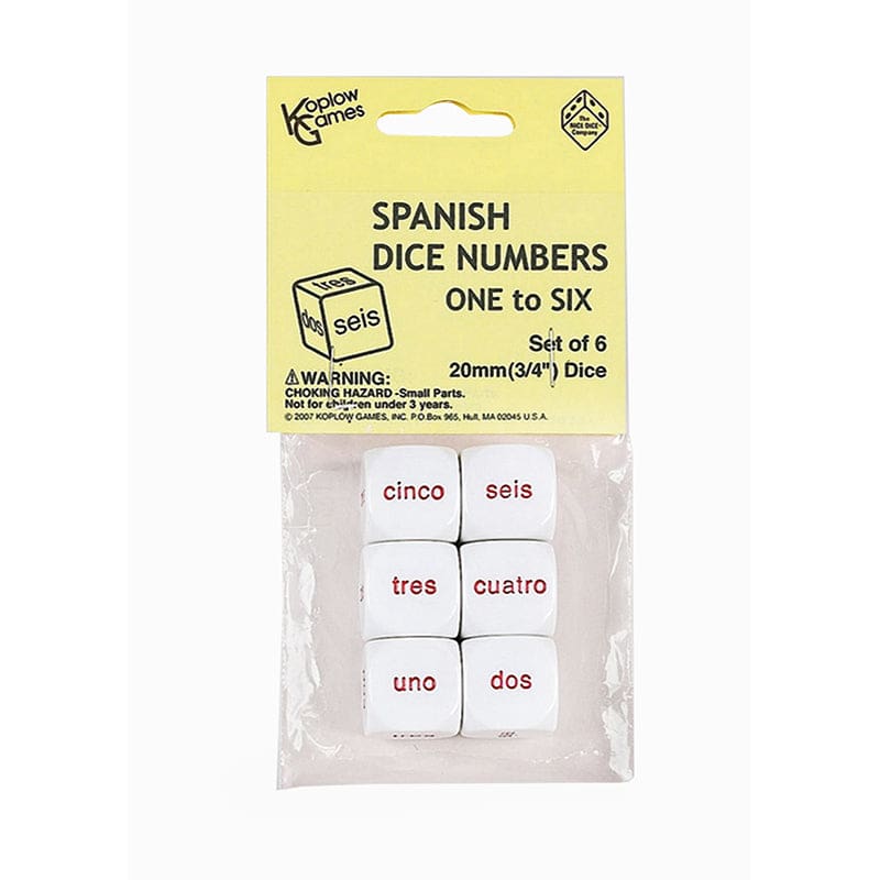 Spanish Number Dice Set Of 6 Pcs (Pack of 12) - Games - Koplow Games Inc.