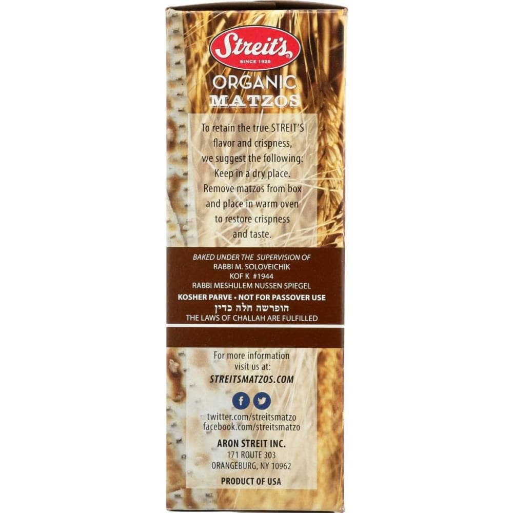 STREITS Streits Organic Flour And Water Matzo, 11 Oz