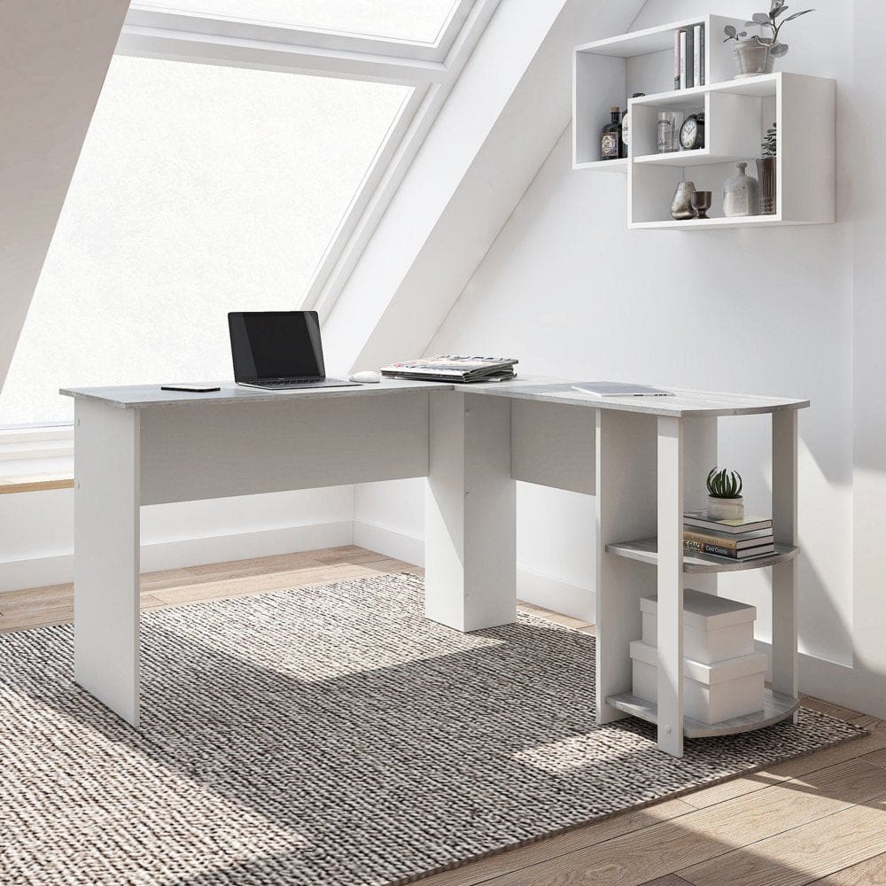 Techni Mobili Modern L-Shaped Desk with Side Shelves, Grey | ShelHealth