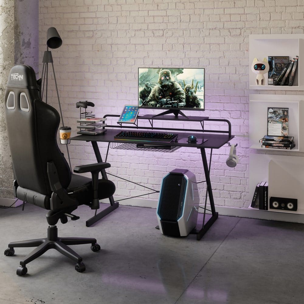 Techni Sport TS-200 Carbon Computer Gaming Desk with Shelving Black - Shop By Style - Techni Mobili