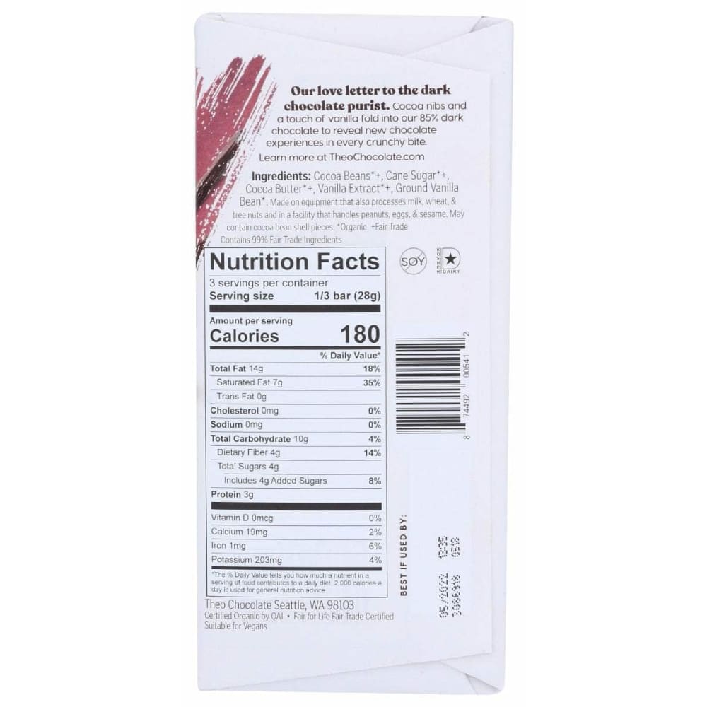 THEO CHOCOLATE Grocery > Refrigerated THEO CHOCOLATE: Vanilla Cocoa Nib Dark Chocolate Bar, 3 oz