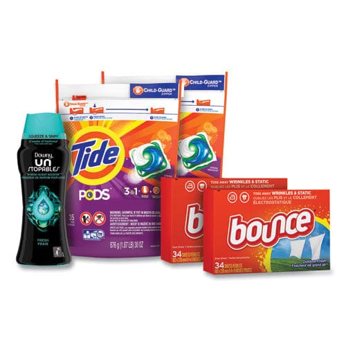 Tide Better Together Laundry Care Bundle (2) Bags Tide Pods (2) Boxes Bounce Dryer Sheets (1) Bottle Downy Unstopables - Janitorial &