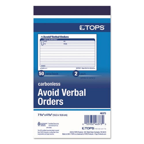 TOPS Avoid Verbal Orders Manifold Book Two-part Carbonless 6.25 X 4.25 50 Forms Total - Office - TOPS™