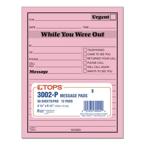TOPS Pink Message Pad One-part (no Copies) 4.25 X 5.5 50 Forms/pad 12 Pads/pack - Office - TOPS™