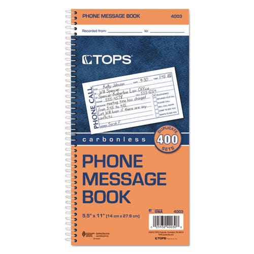 TOPS Spiralbound Message Book Two-part Carbonless 5 X 2.75 4 Forms/sheet 400 Forms Total - Office - TOPS™
