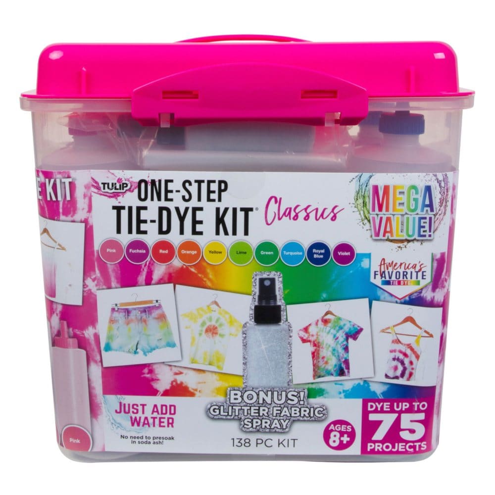 Tulip One-Step Tie-Dye Kit - 10-Color Mega Value Tub with Bonus Glitter Fabric Spray - Learning & Educational Toys - Tulip