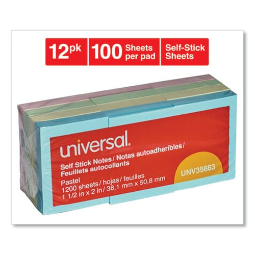 Universal Self-stick Note Pads 1.5 X 2 Assorted Pastel Colors 100 Sheets/pad 12 Pads/pack - School Supplies - Universal®