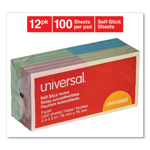 Universal Self-stick Note Pads 3 X 3 Assorted Pastel Colors 100 Sheets/pad 12 Pads/pack - School Supplies - Universal®