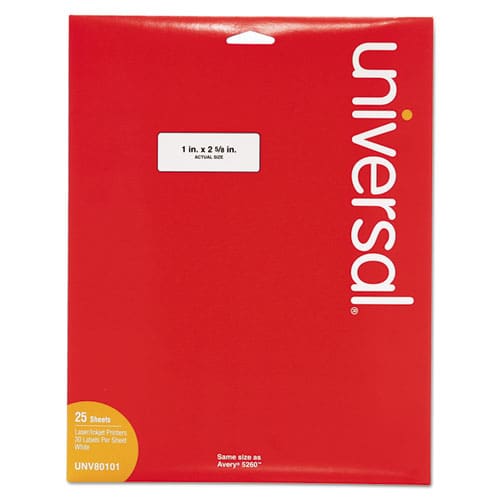 Universal White Labels Inkjet/laser Printers 1 X 2.63 White 30/sheet 25 Sheets/pack - Office - Universal®