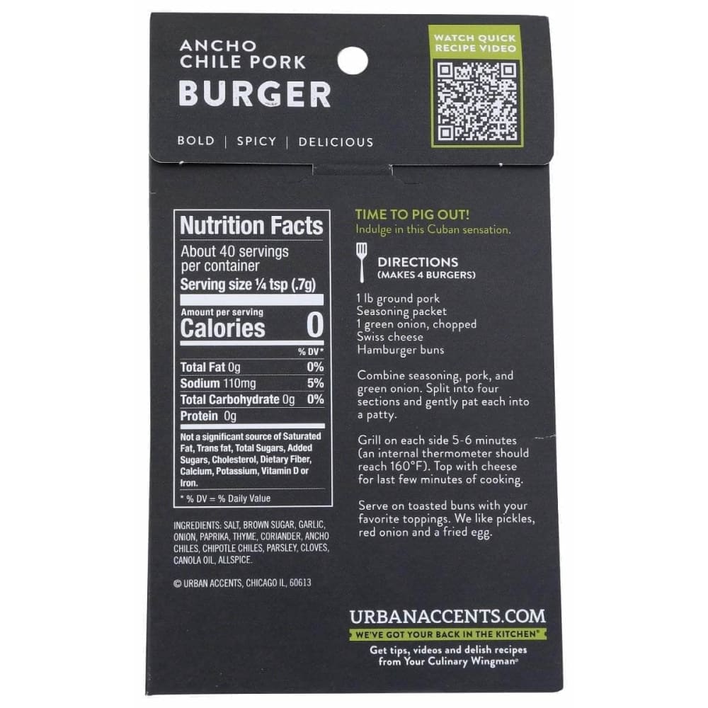 URBAN ACCENTS Urban Accents Ancho Chili Pork Burger, 1 Oz