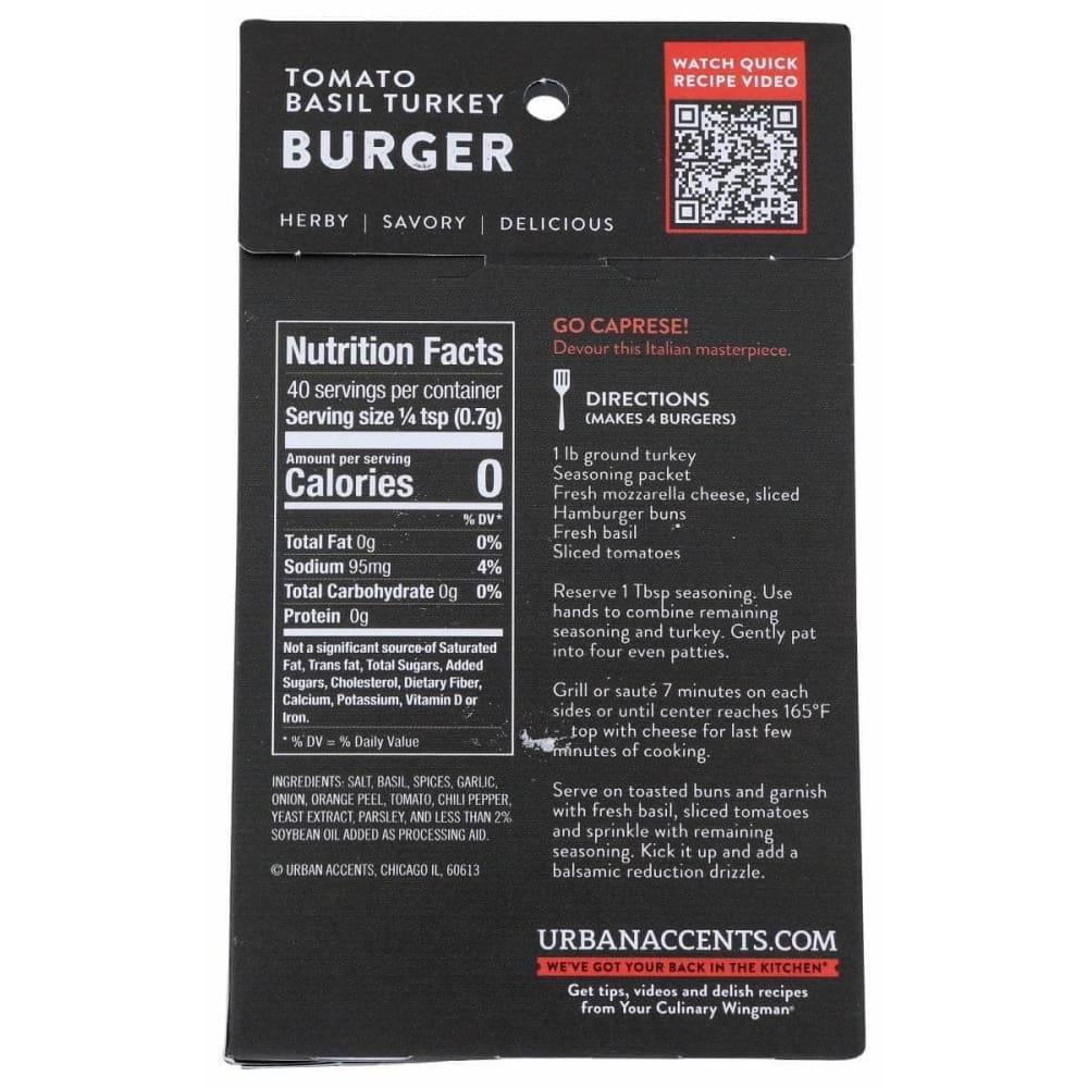 URBAN ACCENTS Urban Accents Tomato Basil Turkey Burger, 1 Oz
