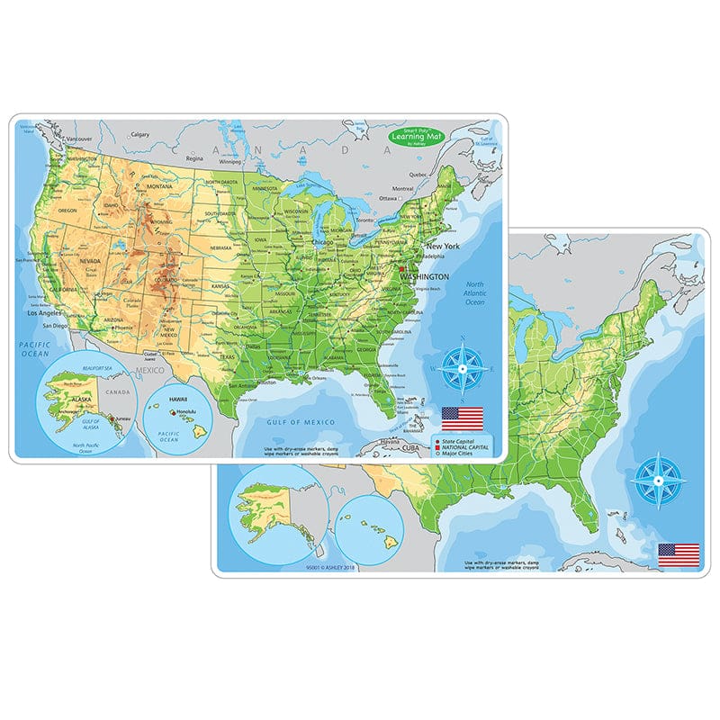 Us Map Physicl Learning Mat 2 Sided Write On Wipe Off (Pack of 10) - Maps & Map Skills - Ashley Productions