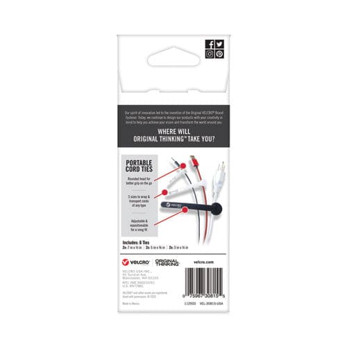 VELCRO Brand Portable Cord Ties (2) 3 X 0.25/ (2) 5 X 0.38/ (2) 7 X 0.5 Black/gray/white 6/pack - Office - VELCRO® Brand