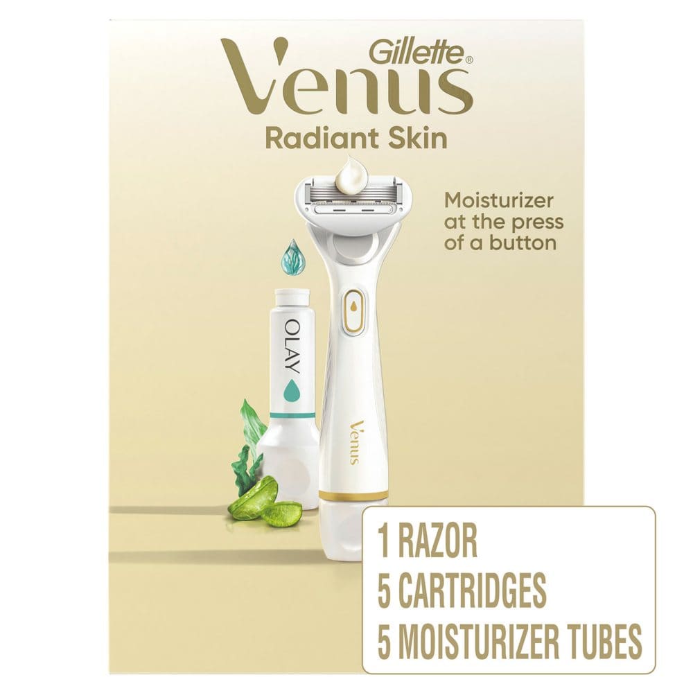 Venus Radiant Skin Womens razor Seaweed & Aloe Olay moisturizer 1 razor handle + 5 blade refills + 5 Olay moisturizer refills - New Health &
