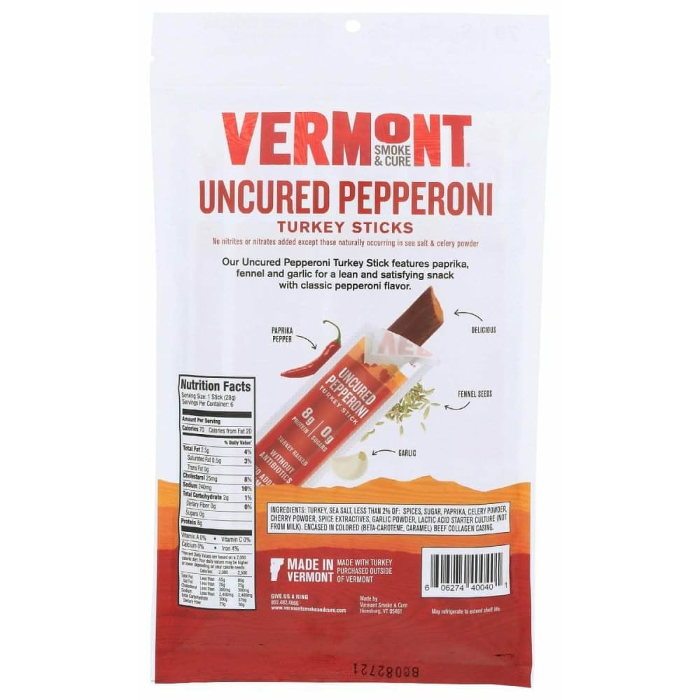 VERMONT SMOKE Vermont Smoke Uncured Pepperoni Turkey Sticks 6Ct, 6 Oz
