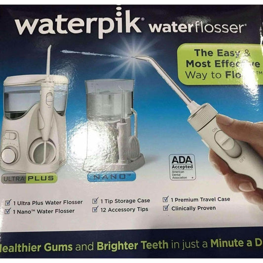 Waterpik Ultra Plus Water Flosser, Nano Flosser, Deluxe Traveler Case, Tip Storage Case and 12 Accessory Tips Combo Pack - ShelHealth.Com