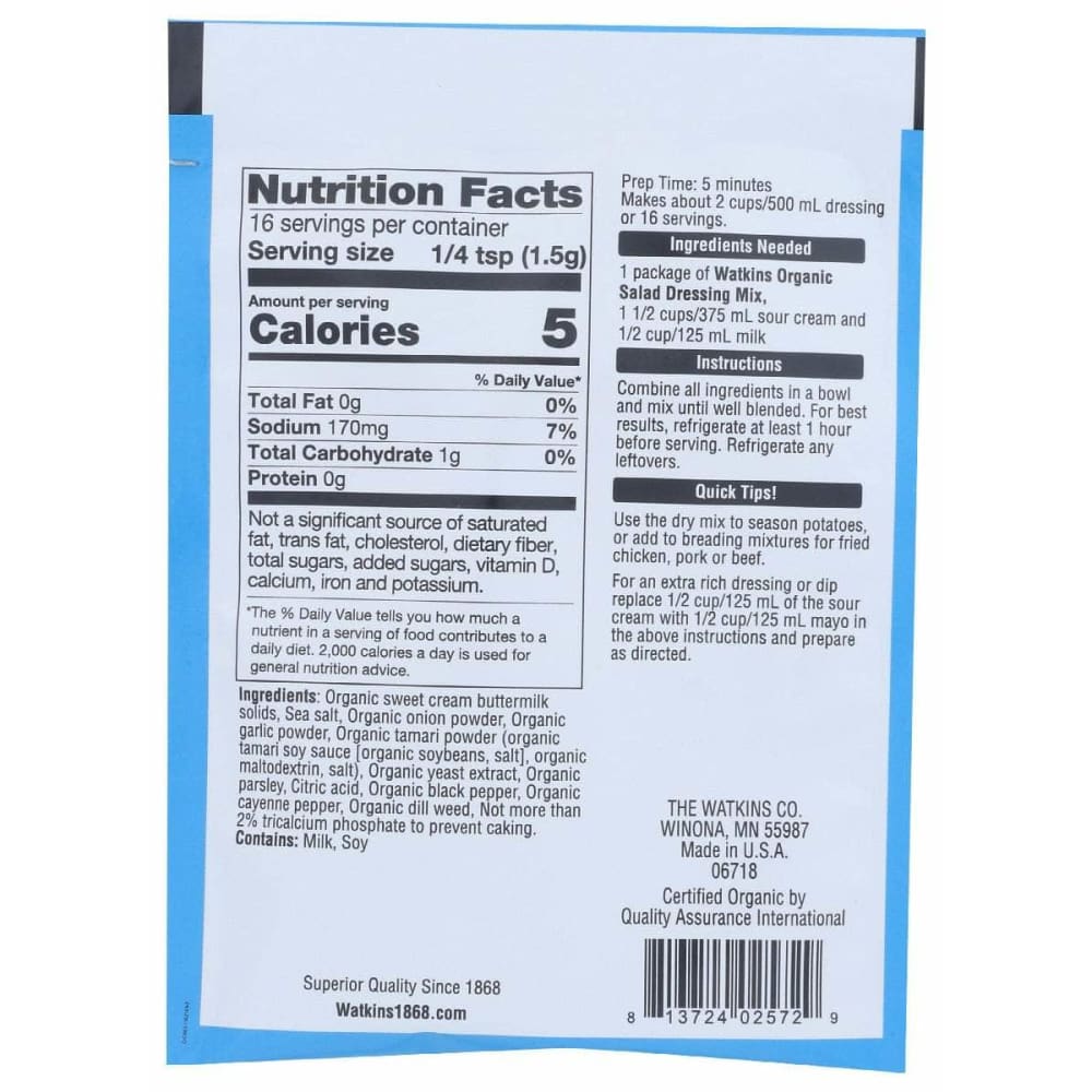 WATKINS Grocery > Pantry > Condiments WATKINS: Dressing Ranch Org, 0.85 oz