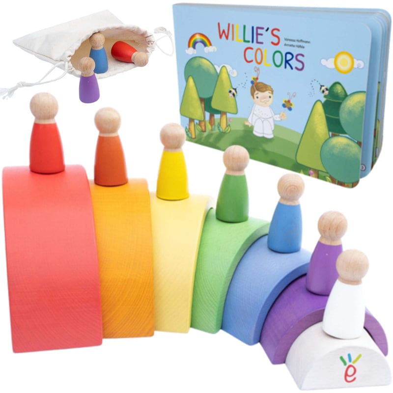 Willies Rainbow World Wooden Set Arches Peg Dolls & Book - Sorting - Extasticks LLC