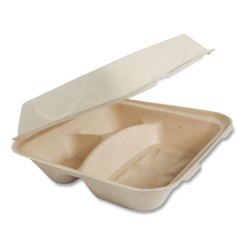 World Centric Fiber Hinged Containers 3-compartments 9 X 9 X 3 Natural Paper 300/carton - Food Service - World Centric®