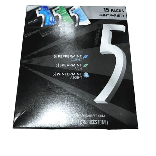 Wrigley's 5 Gum Sugarfree Gum, Mint Variety, 15-stick pack (15 packs total) - ShelHealth.Com