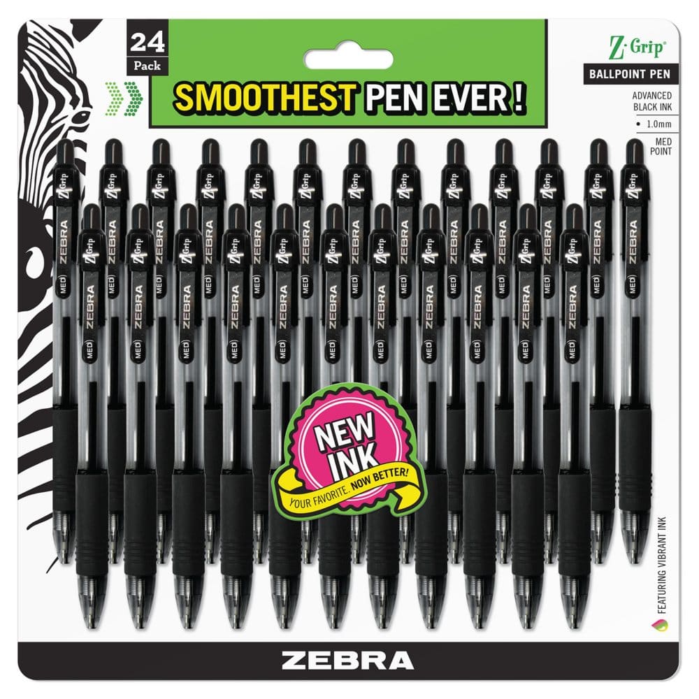 Zebra - Z-Grip Retractable Ballpoint Pen Black Ink Medium - 24/Pack - First Day of School Essentials - Zebra
