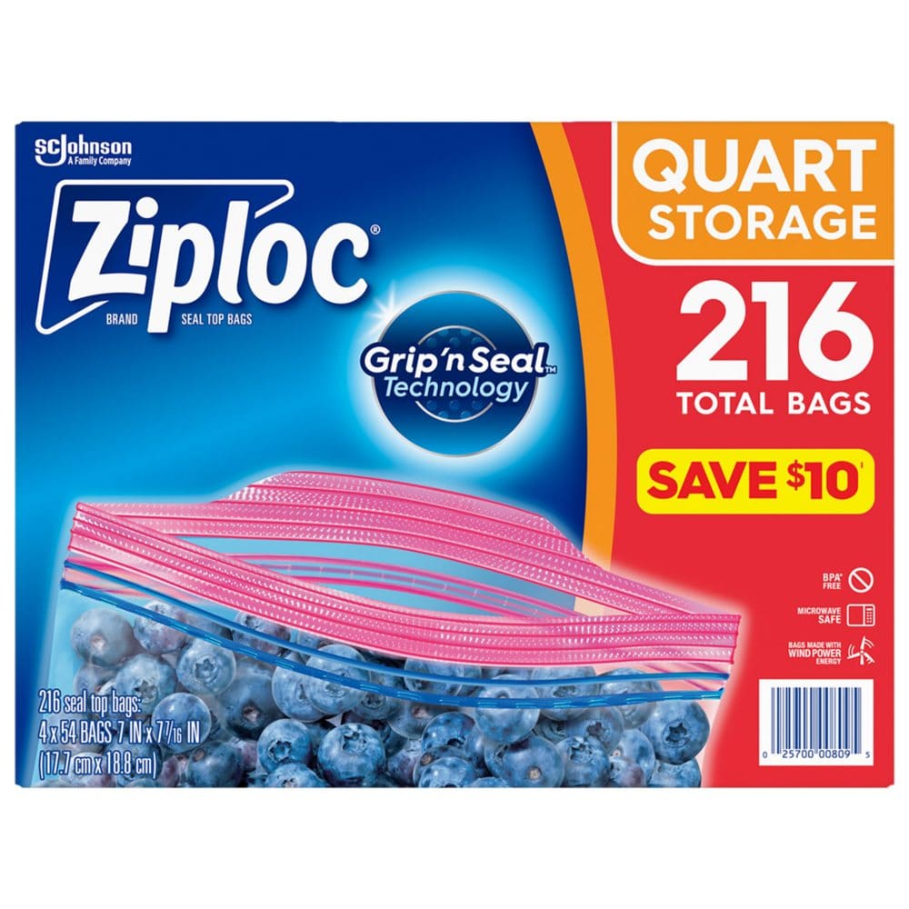 Ziploc Storage Quart Bags with Grip ’n Seal Technology (216 ct.) - Paper & Plastic - Ziploc Storage